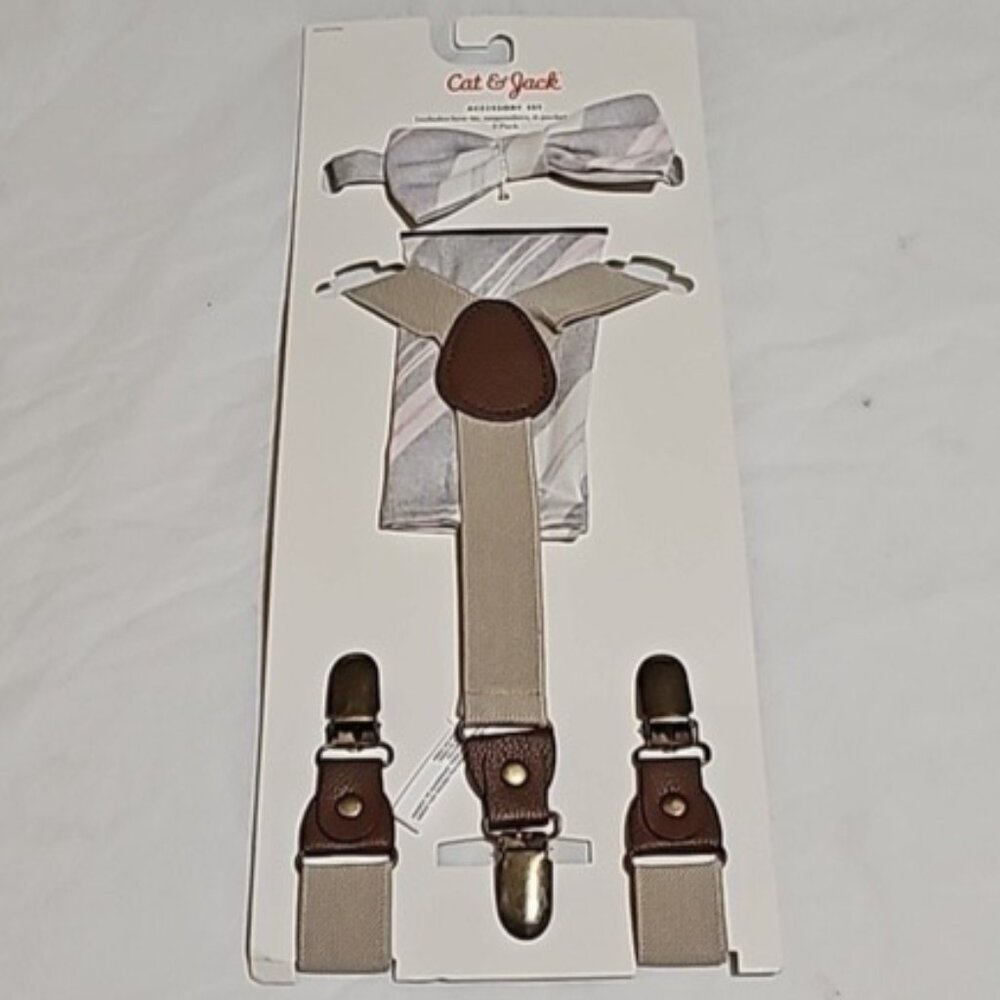 Cat & Jack Boys' Accessory Set Bow Tie, Suspenders & Pocket Square Set New